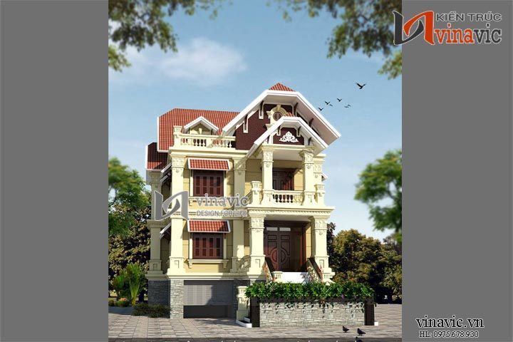 Mẫu thiết kế biệt thự 3 tầng đẹp phong cách cổ điển châu Âu  BTCC1437