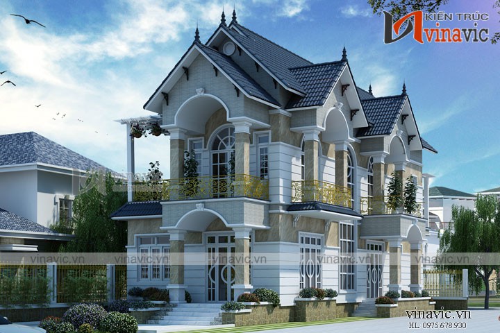 Mẫu thiết kế nhà 2 tầng 120m2 3 phòng ngủ mặt tiền 7m BT1681