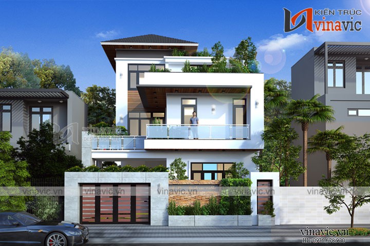 Mẫu nhà đẹp 3 tầng mặt tiền 10m sâu 14m phong cách hiện đại BT1695