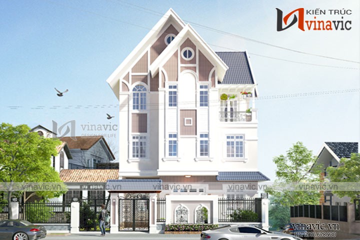 Thiết kế nhà 3 tầng 4 phòng ngủ diện tích 10x9m có gara oto BT1696