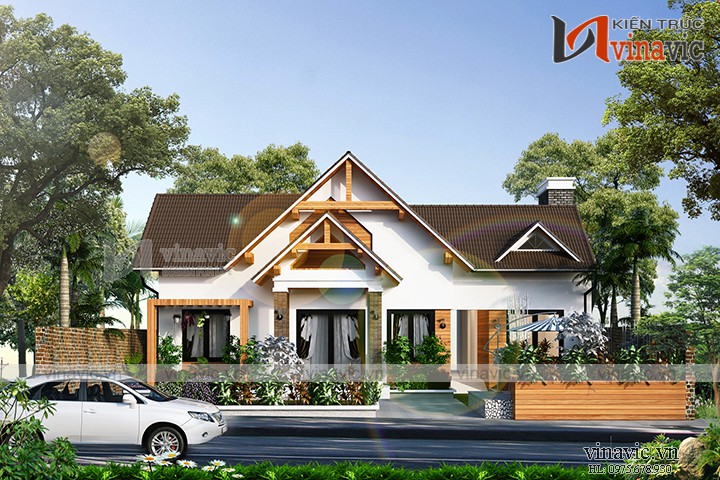 Thiết kế nhà cấp 4 hiện đại dạng biệt thự vườn 1 tầng mái lượn BT1812