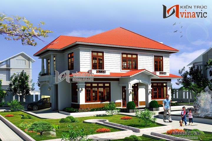 Mẫu nhà 2 tầng 130m2 4 phòng ngủ sân vườn rộng dt 10mx13m BT1454