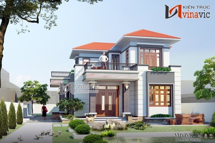 Mẫu nhà 2 tầng 4 phòng ngủ mặt tiền 9m sân trước và ban công rộng BT1490