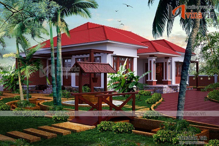 Mẫu nhà biệt thự vườn 1 tầng mái đỏ truyền thống ở Hà Nam BT1612