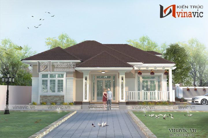 Mẫu nhà vuông 1 tầng mái thái 150m2 kích thước 14x11m 3 phòng ngủ BT1618
