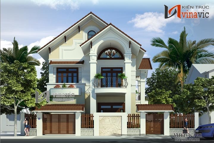 Mẫu thiết kế nhà 2 tầng 1 tum mái thái mặt tiền 12m diện tích 200m2 BT1474