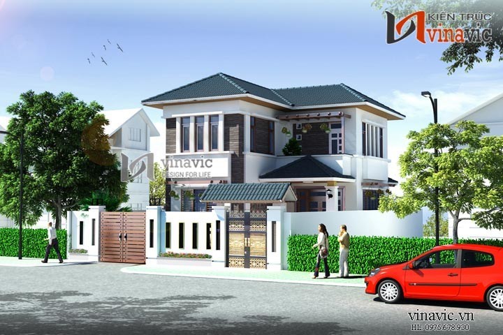 Mẫu nhà 2 tầng mặt tiền 8m diện tích 100m2 chữ L thiết kế hiện đại  BT1489