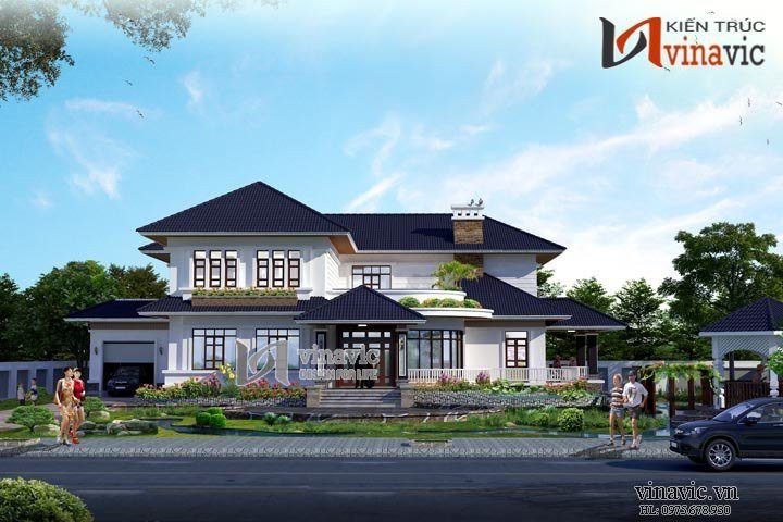Mẫu thiết kế nhà 2 tầng hình chữ l kích thước 13x14m có gara oto BT1497