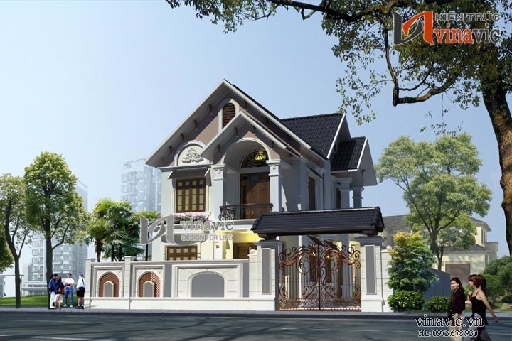 Bản thiết kế nhà 2 tầng có diện tích 8x11m tân cổ điển BT1498