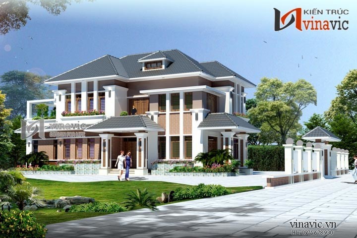 Mẫu nhà 2 tầng 1 tum mái thái đẹp kích thước 12mx18m hiện đại BT1503