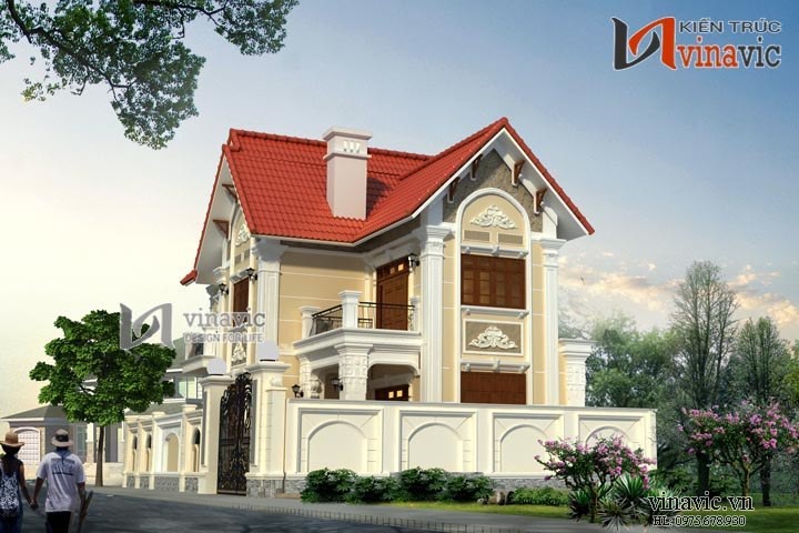 Mẫu nhà đẹp 2 tầng hình chữ l 3 phòng ngủ kích thước 12x10m BT1504