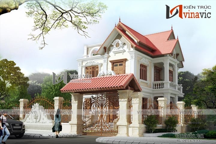 Mẫu biệt thự 2 tầng ngang 13m dài 15m phong cách cổ điển BT1611