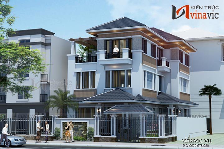 Mẫu biệt thự 3 tầng 120m2 hiện đại 5 phòng ngủ mặt tiền 9m BT1661