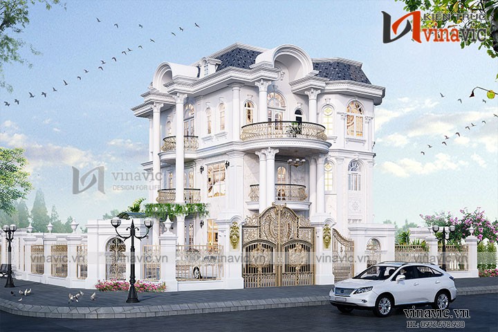Phối cảnh thiết kế nhà đẹp kiểu dinh thự cổ điển 4 tầng BT1818