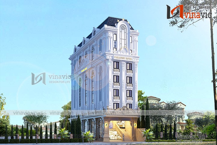 Thiết kế khách sạn mini 180m2 mặt tiền 8m 7 tầng tân cổ điển KSVP1902