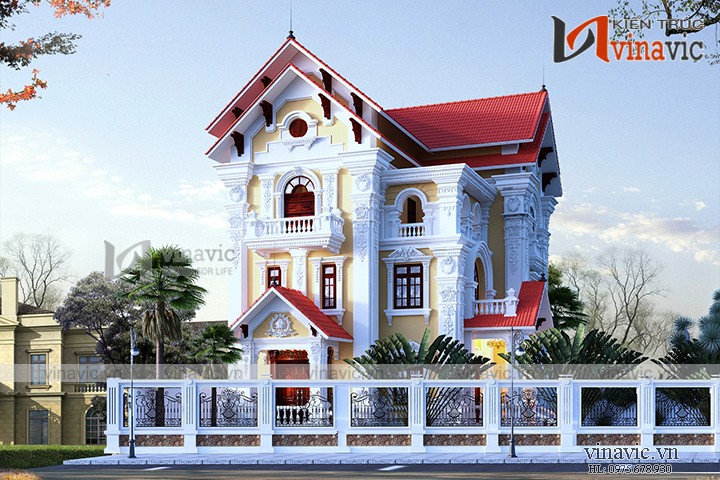 Thiết kế nhà 3 tầng 12x13m 150m2 mái thái 2 mặt tiền cổ điển BT1506