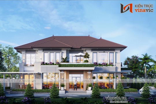 Biệt thự hiện đại 2 tầng có vườn cây ao cá cây xanh quanh nhà BT2002