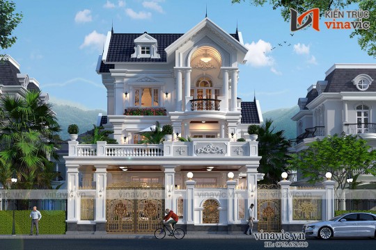 Biệt thự phố 3 tầng mặt tiền 11m mái thái tân cổ điển ở Nghệ An BT2017