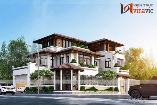 Thiết kế biệt thự 3 tầng hiện đại với cây xanh quanh nhà BT1910