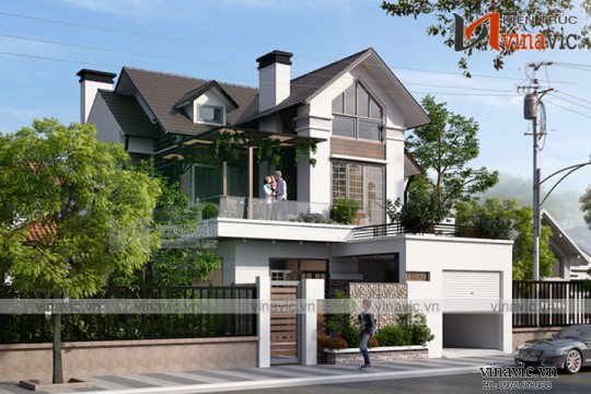 Thiết kế nhà 2 tầng 4 phòng ngủ diện tích 150m2 mái dốc truyền thống BT1671