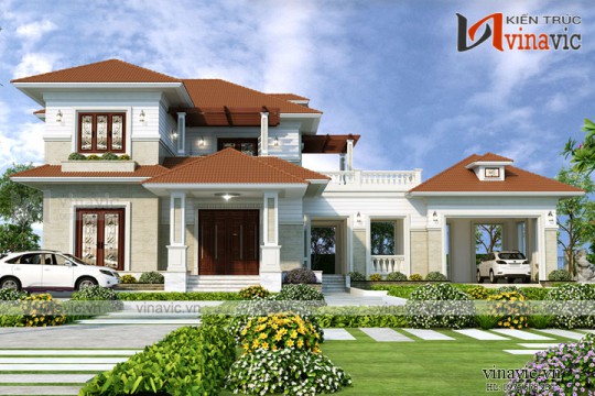 Bản vẽ thiết kế biệt thự đẹp 2 tầng diện tích 250m2 1 sàn mái thái BT1802