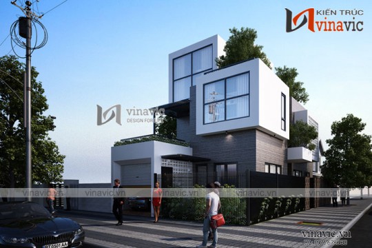 Mẫu nhà 3 tầng hiện đại mặt tiền 8m tràn ngập cây xanh ở Quảng Ninh  BT1673
