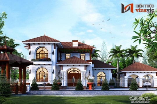 Mẫu nhà chữ L đẹp 2 tầng 180m2 4 phòng ngủ mặt tiền rộng 12m BT2001