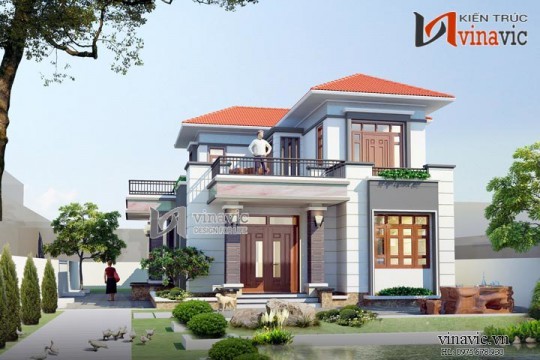 Mẫu nhà 2 tầng 4 phòng ngủ mặt tiền 9m sân trước và ban công rộng BT1490