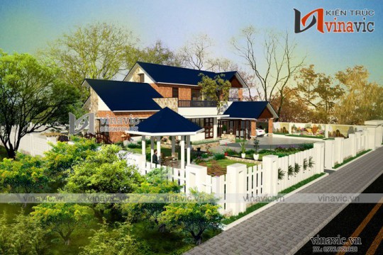 Mẫu nhà vườn 2 tầng ở nông thôn 4 phòng ngủ mặt tiền 20m hiện đại BT1617