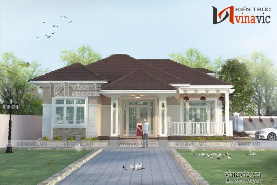 Mẫu nhà vuông 1 tầng mái thái 150m2 kích thước 14x11m 3 phòng ngủ BT1618