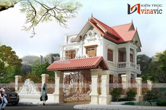 Mẫu biệt thự 2 tầng ngang 13m dài 15m phong cách cổ điển BT1611