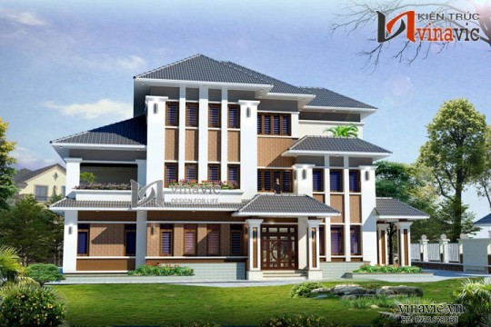 Thiết kế biệt thự 200m2 3 tầng mái thái hiện đại ở Nghệ An  BT1438