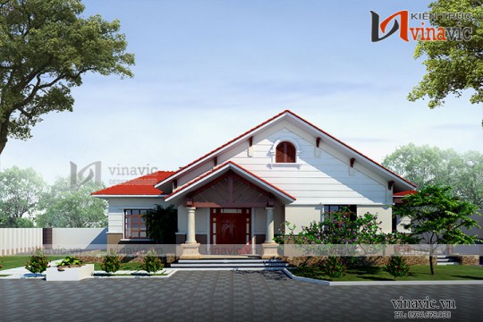 Phối cảnh nhà cấp 4 mái thái 3 phòng ngủ nông thôn đẹp BT1817