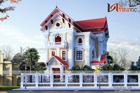 Thiết kế nhà 3 tầng 12x13m 150m2 mái thái 2 mặt tiền cổ điển BT1506