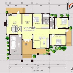 Bản vẻ thiết kế nhà ngang 21m dọc 13m 3 phòng ngủ 1 tầng BT1491