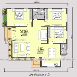 Thiết kế mẫu nhà vuông 1 tầng 3 phòng ngủ 130m2 hiện đại BT1656