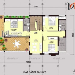 Mẫu nhà 2 tầng mái thái ở nông thôn mặt tiền rộng 9m dài 14m BT1512