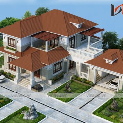 Bản vẽ thiết kế biệt thự đẹp 2 tầng diện tích 250m2 1 sàn mái thái BT1802