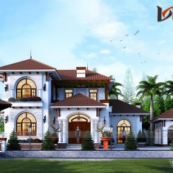Mẫu nhà chữ L đẹp 2 tầng 180m2 4 phòng ngủ mặt tiền rộng 12m BT2001