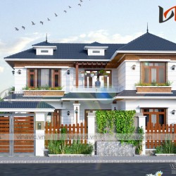 Mẫu nhà xinh 2 tầng chữ L mái thái 3 phòng ngủ  mặt tiền rộng BT1806