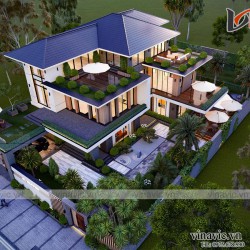 Mẫu nhà hiện đại 3 tầng có bể bơi mặt tiền rộng 14m sâu 23m BT2014