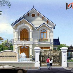 Mẫu nhà 2 tầng mái thái mặt tiền 8m có gara oto và sân vườn rộng BT1460