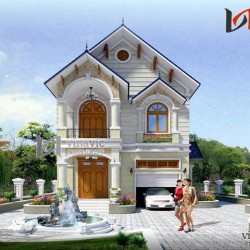 Mẫu nhà 2 tầng mái thái mặt tiền 8m có gara oto và sân vườn rộng BT1460