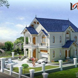 Mẫu nhà 2 tầng mái thái mặt tiền 8m có gara oto và sân vườn rộng BT1460