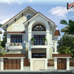 Mẫu thiết kế nhà 2 tầng 1 tum mái thái mặt tiền 12m diện tích 200m2 BT1474