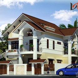 Mẫu thiết kế nhà 2 tầng 1 tum mái thái mặt tiền 12m diện tích 200m2 BT1474