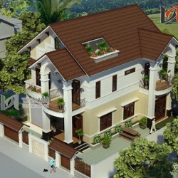 Mẫu thiết kế nhà 2 tầng 1 tum mái thái mặt tiền 12m diện tích 200m2 BT1474