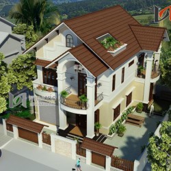 Mẫu thiết kế nhà 2 tầng 1 tum mái thái mặt tiền 12m diện tích 200m2 BT1474