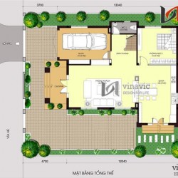 Mẫu thiết kế nhà 2 tầng 1 tum mái thái mặt tiền 12m diện tích 200m2 BT1474