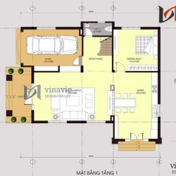 Mẫu thiết kế nhà 2 tầng 1 tum mái thái mặt tiền 12m diện tích 200m2 BT1474